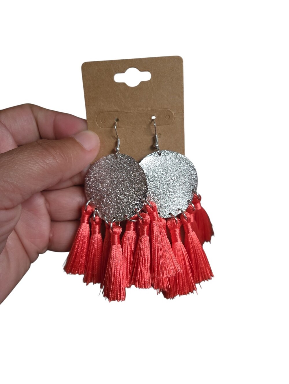 Silver Toned Disc with Dark Pink Tassel Earrings 3.5"